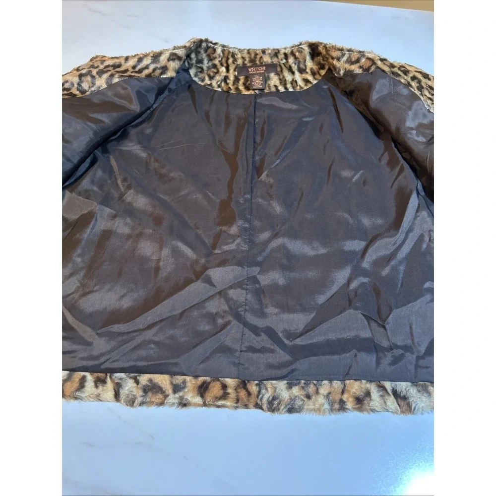 Victor Alfaro Sz 12P Faux Leopard Fur 3/4 Sleeve Cropped Jeweled Neck Lined‎